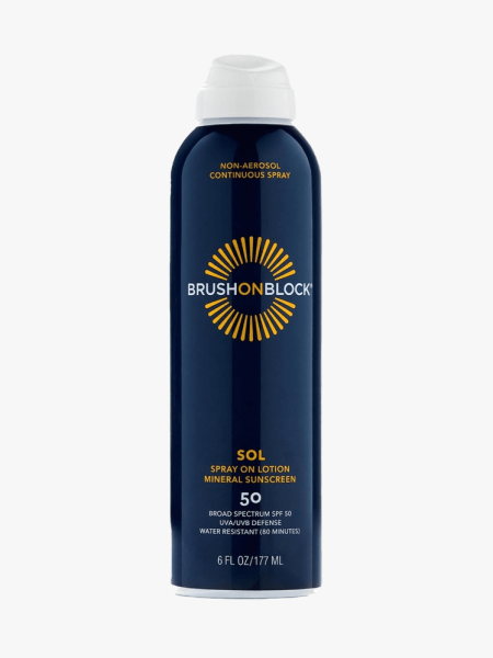 Brush On Block SOL SPF 50 Mineral Spray on Lotion in branded component on a light gray background