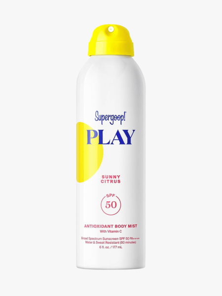 Supergoop Play Antioxidant Body Sunscreen Mist SPF 50 in branded component on a light gray background