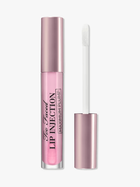 Too Faced Lip Injection Maximum Plump Extra Strength Lip Plumper Gloss in branded components on a light gray background